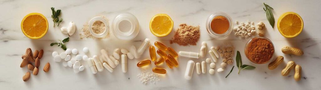 Diverse nutrition supplements beside fresh ingredients for optimal health support