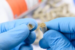 Scientist conducting stability testing on supplement samples in a quality control laboratory