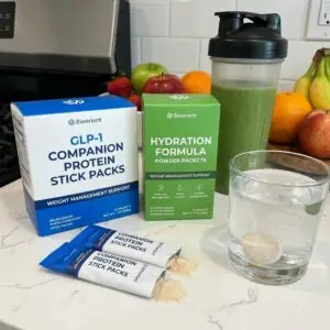 GLP-1 companion supplements including protein stick packs and hydration formulas for weight management nutritional support