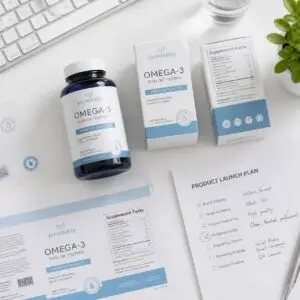Private label supplement launch planning materials including supplement bottle, packaging, and checklist for brand development