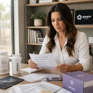 Supplement brand owner reviewing retail ready supplement packaging and documentation checklist at a clean modern workspace